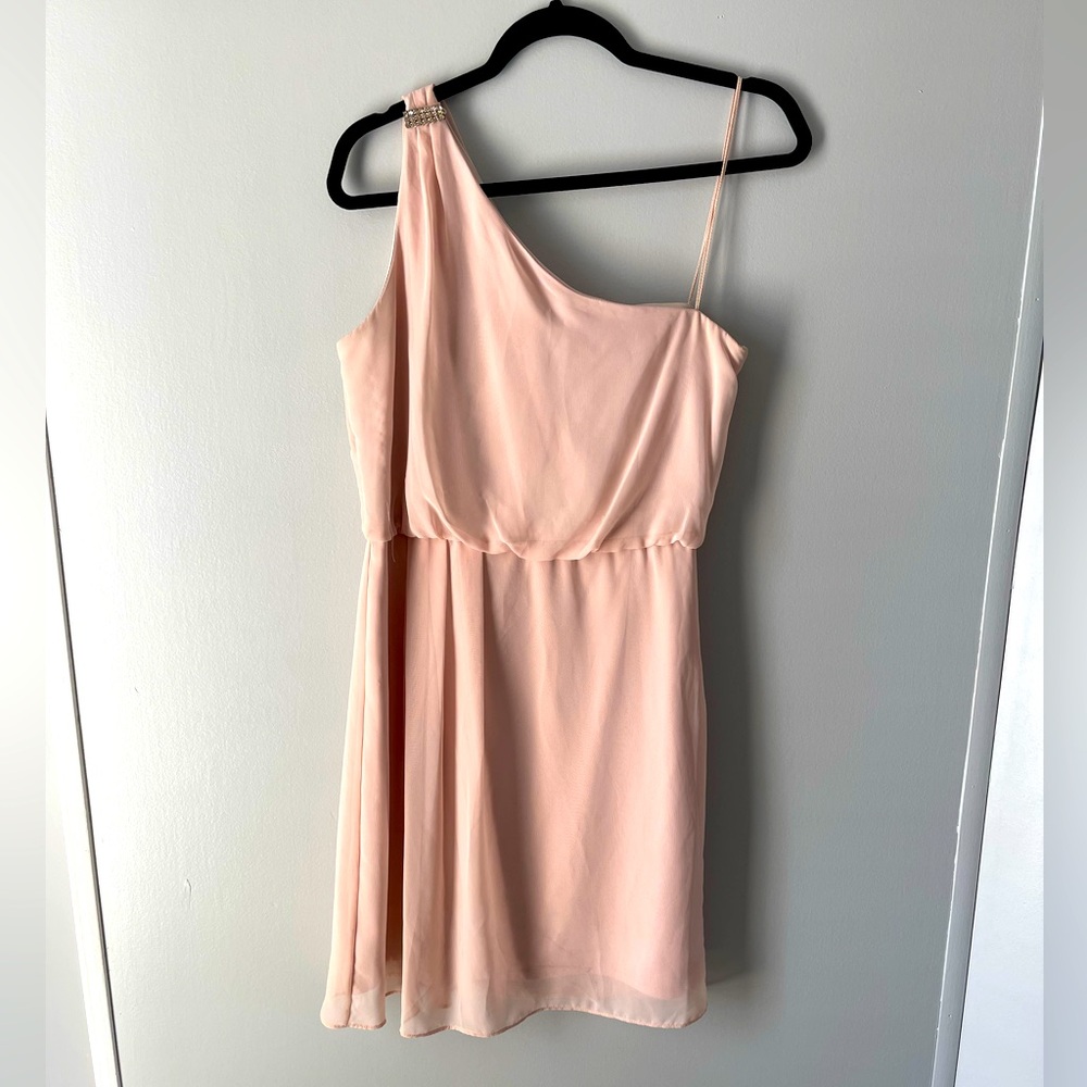 Adrianna Papell One Shoulder Pink Rhinestone Detail Dress